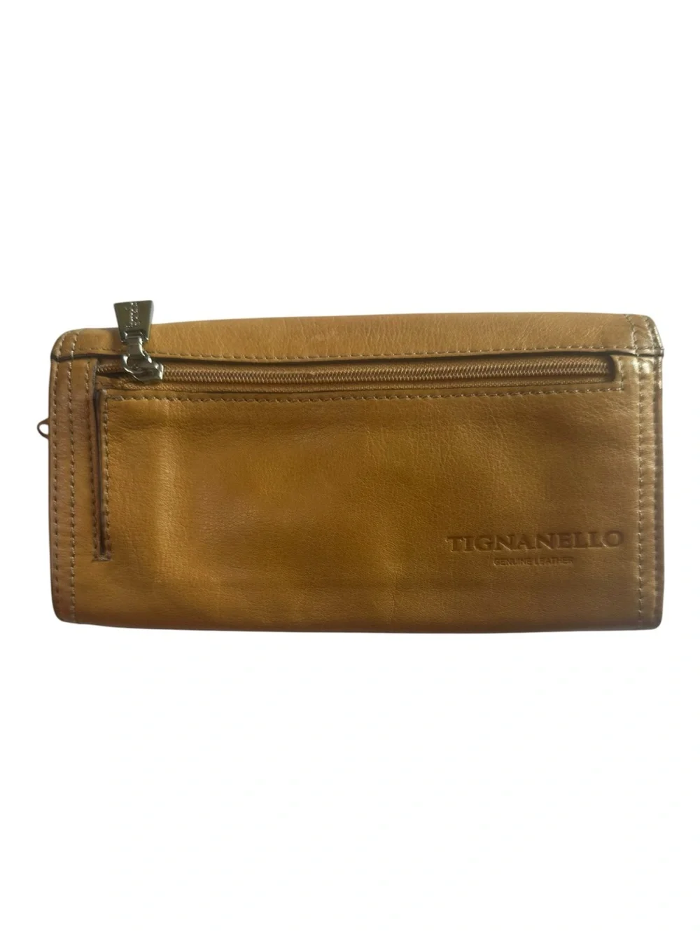 Tignanello Genuine Leather Wallet Camel Brown Bifold Organizer Zip Pockets